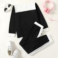 2-piece Kid Girl Colorblock Mesh Hollow out Long-sleeve Top and Elasticized Pants Casual Set Black/White