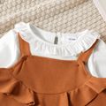 2-piece Toddler Girl Ruffled Long-sleeve White Tee and Overall Dress Set Khaki