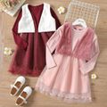 2-piece Kid Girl Ribbed Glitter Design Mesh Splice Long-sleeve Party Dress and Fuzzy Vest Set Rose Gold image 2
