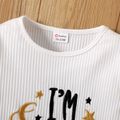 Toddler Girl Letter Stars Embroidered Ruffled Long-sleeve Ribbed Top White