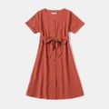 100% Cotton Solid Textured V Neck Short-sleeve Dress for Mom and Me RustRed image 2