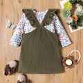 2-piece Toddler Girl Floral Print Long-sleeve Tee and Ruffled Button Design/Fox Pattern Overall Dress Set Army green