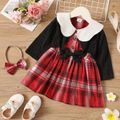 2pcs Baby Girl Doll Collar Faux-two Long-sleeve Red Plaid Dress Set Black