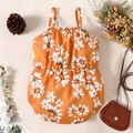 Baby Girl Daisy Floral Print Brown Sleeveless Spaghetti Strap Bowknot Romper Brown