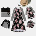 Floral and Stripe Print Splice Family Matching Black Sets Black