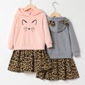 Kid Girl Cat Print Ear Design  Leopard Print Faux-two Long-sleeve Hooded Sweatshirt Dress Light Pink