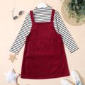 2-piece Kid Girl Mock Neck Stripe Long-sleeve Tee and Tie Knot Solid Color Overall Dress Set Burgundy