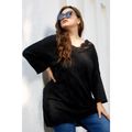 Women Plus Size Elegant Lace Design V Neck Sweater Black