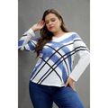 Women Plus Size Casual V Neck Striped Long-sleeve Tee White