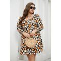 Women Plus Size Elegant Allover Print Square Neck Long-sleeve Dress Multi-color