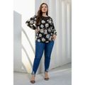 Women Plus Size Elegant Lace Design Floral Print Long-sleeve Blouse Black