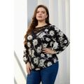 Women Plus Size Elegant Lace Design Floral Print Long-sleeve Blouse Black