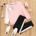 2-piece Kid Girl Unicorn Print Tassel Design Pink Sweatshirt and Colorblock Pants Set Pink