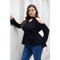 Women Plus Size Elegant Cold Shoulder Cut out Flounce Long-sleeve Blouse Black
