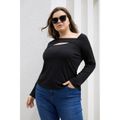 Women Plus Size Elegant Cut-Out Irregular Collar Long-sleeve Black Tee Black
