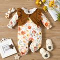 2pcs Baby Girl Floral Print Long-sleeve Ruffle Faux-two Jumpsuit Set Yellow