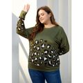 Women Plus Size Vacation Leopard Print Pullover Sweatshirt DARKARMYGREEN