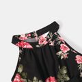 Family Matching Floral Print Black Halter Neck Off Shoulder Sleeveless Dresses and Raglan-sleeve T-shirts Sets Black