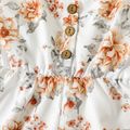 Toddler Girl Floral Print/Brown Button Design Strap Romper Jumpsuit Shorts White