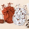 Baby Girl Ribbed Brown/White Butterfly Print Sleeveless Spaghetti Strap Bowknot Romper Color block
