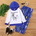 2-piece Kid Boy Letter Dinosaur Print Colorblock Hoodie Sweatshirt and Lightning Print Pants Set BLUEWHITE
