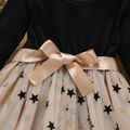 Toddler Girl Stars Glitter Design Mesh Splice Belted Long-sleeve Dress Black
