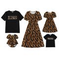 Family Matching Floral Print Black Short Puff Sleeve Dresses and Letter Embroidered T-shirts Sets Black image 1