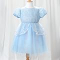 Kid Girl Short Puff-sleeve Lace Design Bronzing Print Mesh Princess Party Dress Sky blue image 1