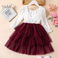 Kid Girl Lace Design Layered Mesh Long-sleeve Dress Red/White