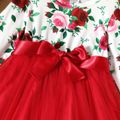 Toddler Girl Floral Print Bowknot Design Mesh Splice Long-sleeve Dress REDWHITE
