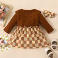 2pcs Baby Girl Brown Doll Collar Long-sleeve Splicing Plaid Dress Set Brown