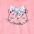 Kid Girl Faux-two Bowknot Design Cat Print Side Slit Floral Print Splice Long-sleeve Dress Pink
