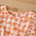 Toddler Girl Floral Print Plaid Ruffled Button Design Sleeveless Belted Romper Orange image 3