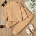 2-piece Toddler Girl Colorblock Zipper Stand Collar Corduroy Sweatshirt and Solid Color Pants Set Apricot