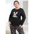 2-piece Women Plus Size Casual Rabbit Print Long-sleeve Tee and Polka dots Pants Pajamas Lounge Set Black