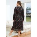 Women Plus Size Casual Cherry Print V Neck Lace Hem Long-sleeve Nightgown Black