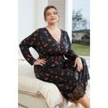 Women Plus Size Casual Cherry Print V Neck Lace Hem Long-sleeve Nightgown Black