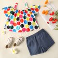 2-piece Toddler Girl Colorful Polka dots Off Shoulder Strap Tee and Elasticized Denim Shorts Set Colorful