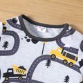 Conjunto de camiseta de manga curta com estampa de veículo rodoviário infantil de 2 peças e shorts cinza elástico flor cinza