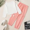 2-piece Kid Girl Letter Print Tie Knot Long-sleeve Tee and Cargo Pants Set White
