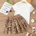 2-piece Kid Girl Cartoon Print White Tee and Leopard Print Layered Skirt Set White image 3