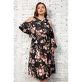 Women Plus Size Elegant Floral Print Cold Shoulder Waisted Dress Black