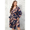 Women Plus Size Vacation Floral Print V Neck Side Slit Long-sleeve Dress Dark Blue