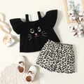 2-piece Toddler Girl Cat Print Off Shoulder Strap Black Tee and Leopard Print Shorts Set Black