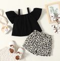 2-piece Toddler Girl Cat Print Off Shoulder Strap Black Tee and Leopard Print Shorts Set Black