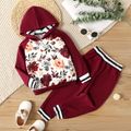 2-piece Toddler Girl Floral Print Striped Hoodie Sweatshirt and Elasticized Burgundy Pants Set Burgundy