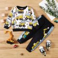 2pcs Baby Boy All Over Excavator and Letter Print Long-sleeve Sweatshirt with Trousers Set ColorBlock