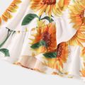 Family Matching Solid Ruffle Short-sleeve Splicing Sunflower Floral Print Tulip Hem Dresses and T-shirts Sets ColorBlock