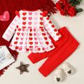 2pcs Baby Girl All Over Red Love Heart Print Long-sleeve Ruffle Top and Solid Ribbed Trousers Set Red