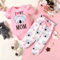 2pcs Baby Girl Love Heart Letter and Cartoon Koala Print Short-sleeve Romper with Bowknot Trousers Set ColorBlock